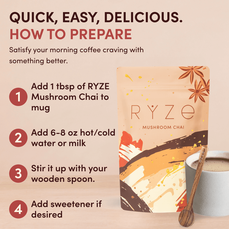 RYZE Mushroom Chai — Organic Instant Chai with Reishi \u0026 Organic Black Tea 20 Servings