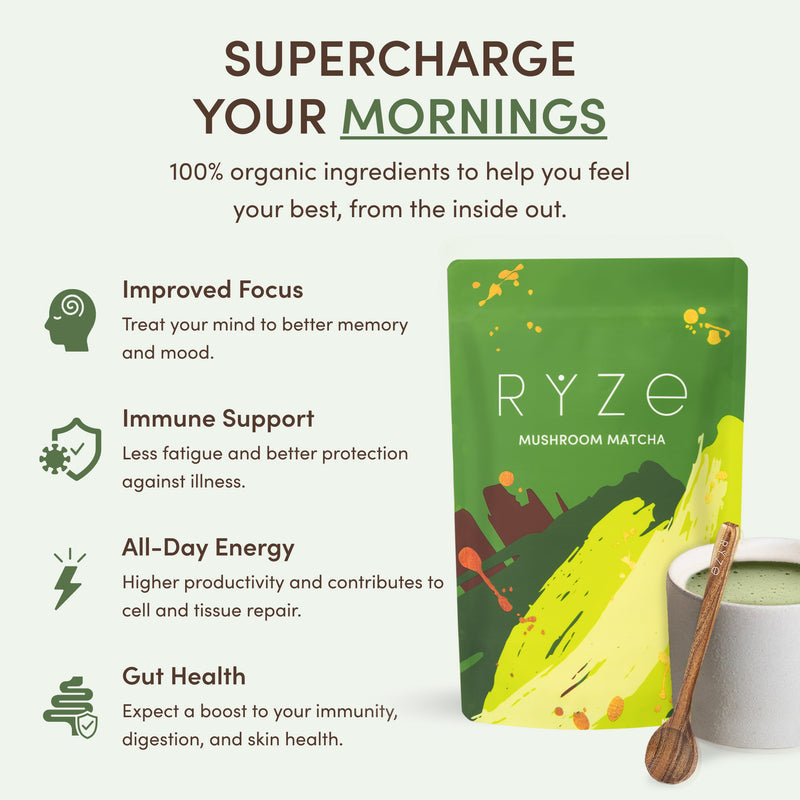 RYZE Mushroom Matcha — Organic Instant Matcha Latte with Lion's Mane \u0026 King Trumpet 30 Servings