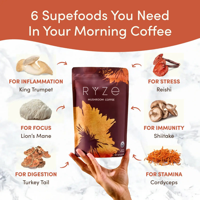 RYZE Mushroom Coffee — Organic Instant Coffee with Cordyceps \u0026 Reishi 30 Servings