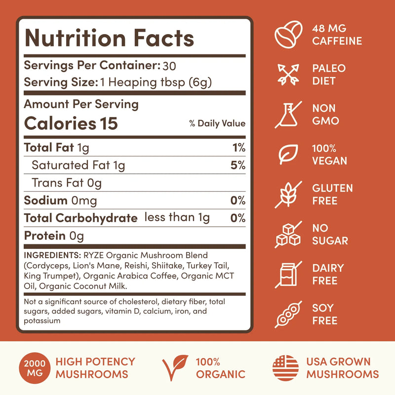 RYZE Mushroom Coffee — Organic Instant Coffee with Cordyceps \u0026 Reishi 30 Servings