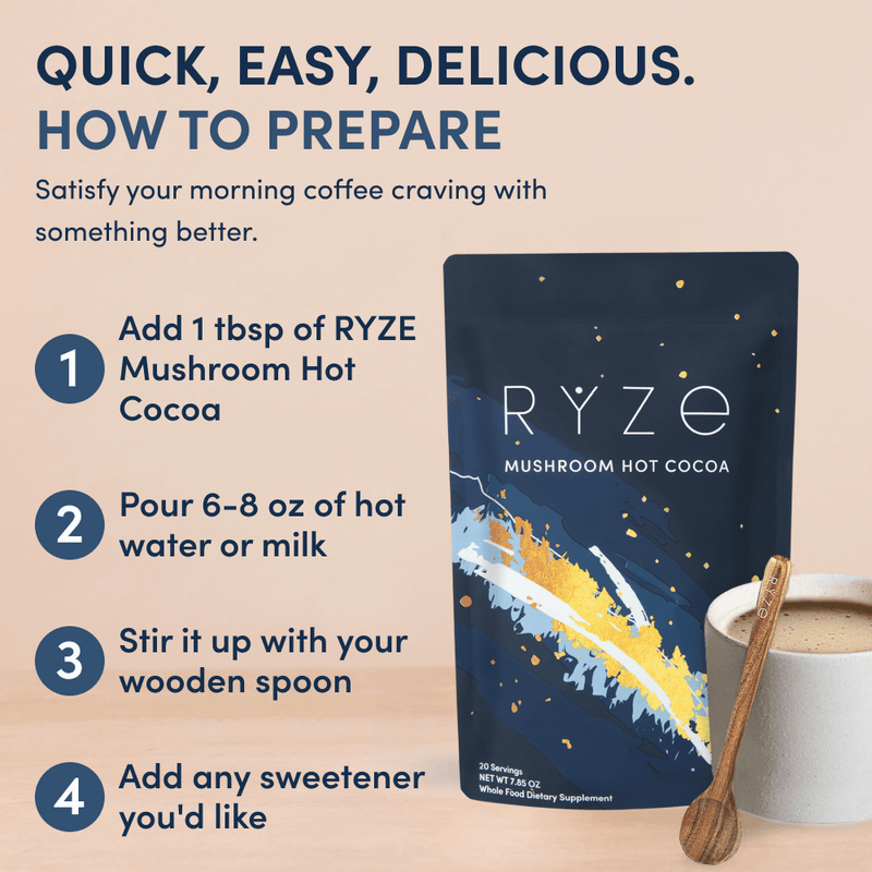 RYZE Mushroom Hot Cocoa — Organic Instant Cocoa with L-Theanine \u0026 Melatonin 20 Servings